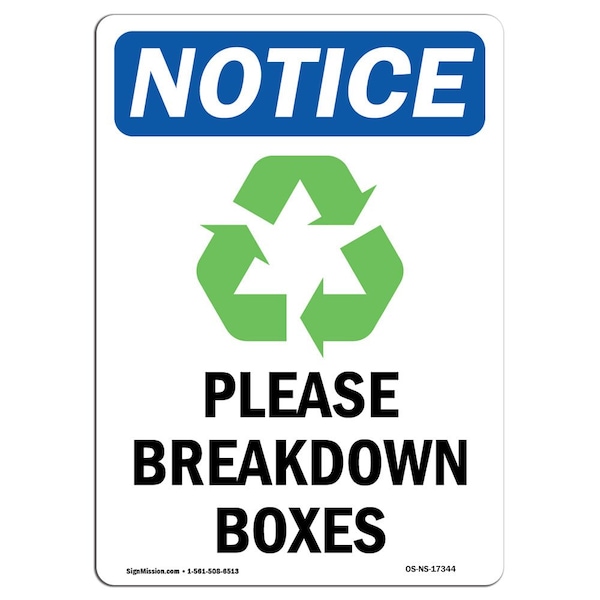 Safety Sign, OSHA Notice, 5" Height, Please Breakdown Boxes Sign With Symbol, Portrait, 10PK